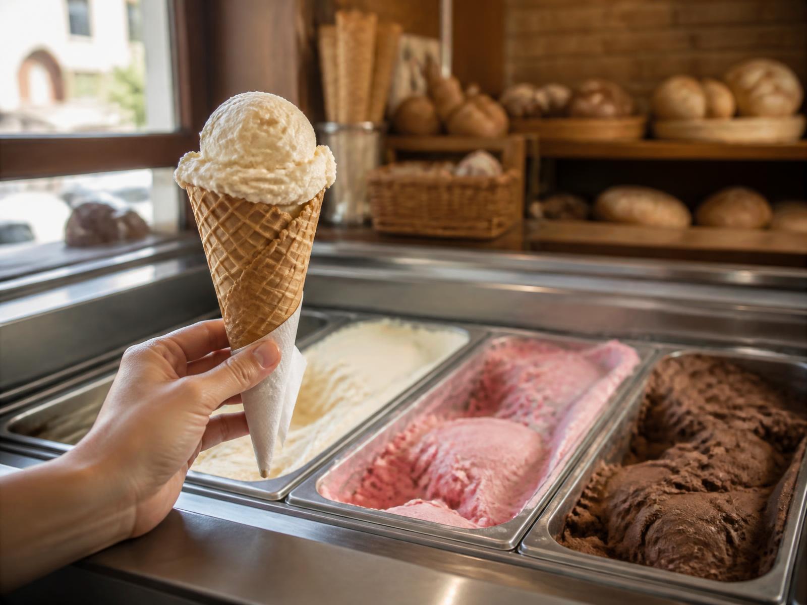Eiswaffel vor der Eistheke